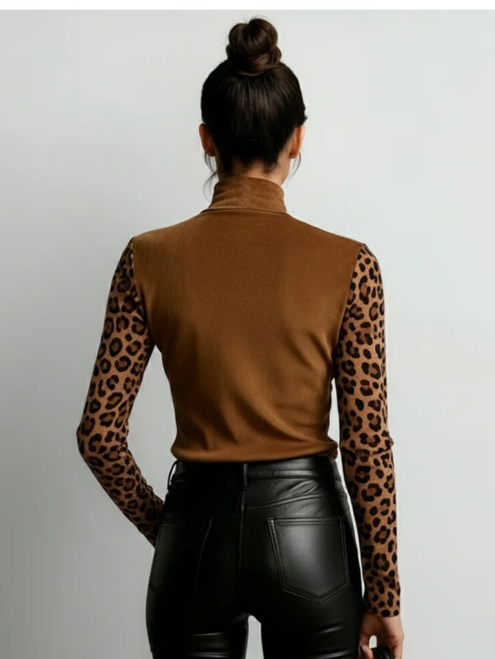 Women's Brown Suede High Collar Leopard Print Patchwork Long Sleeve Blouse - Picture 2 of 3
